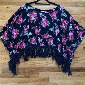 Indigo Thread Co. Floral Fringe Poncho Women’s Large Boho Hippie Oversized